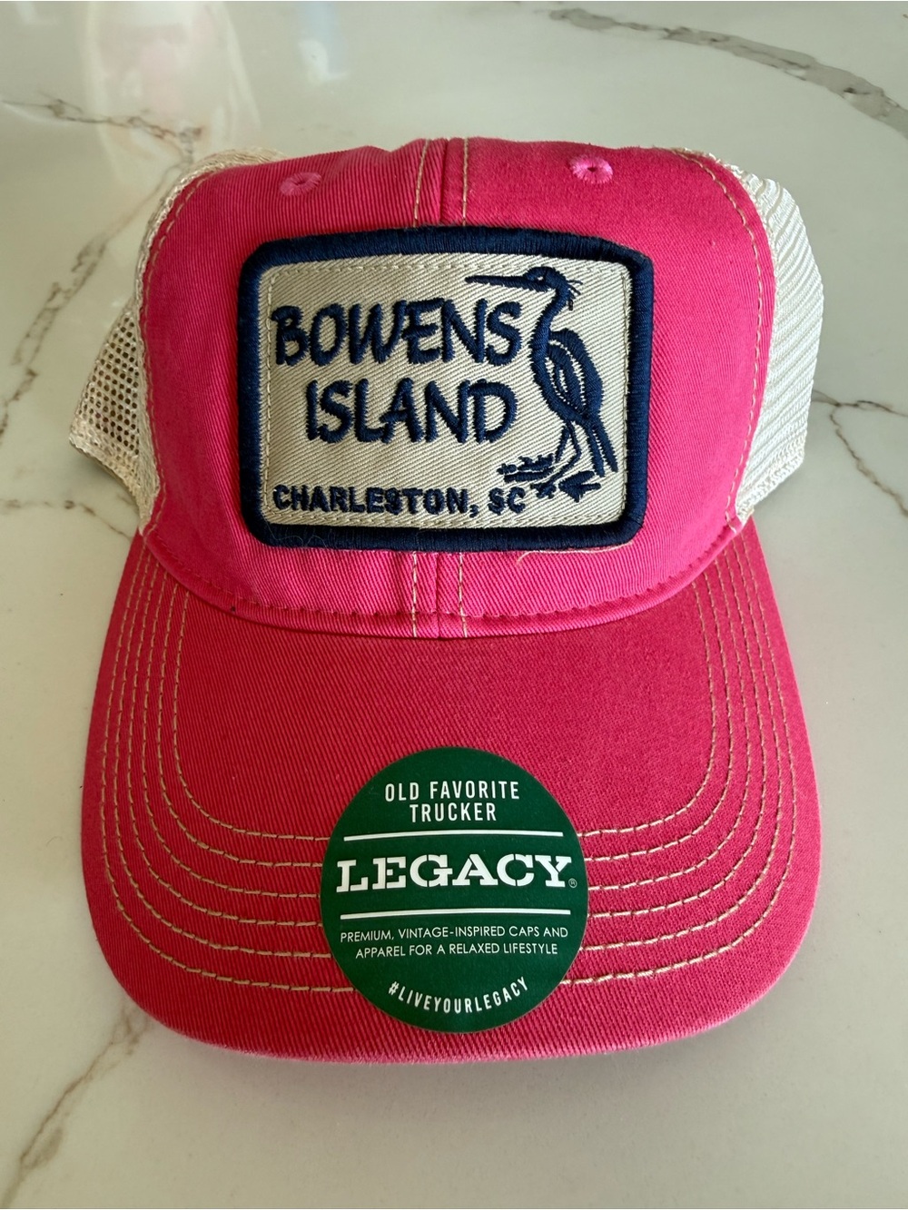 Legacy Beige and Pink Mesh Trucker Hat with Navy Tag
